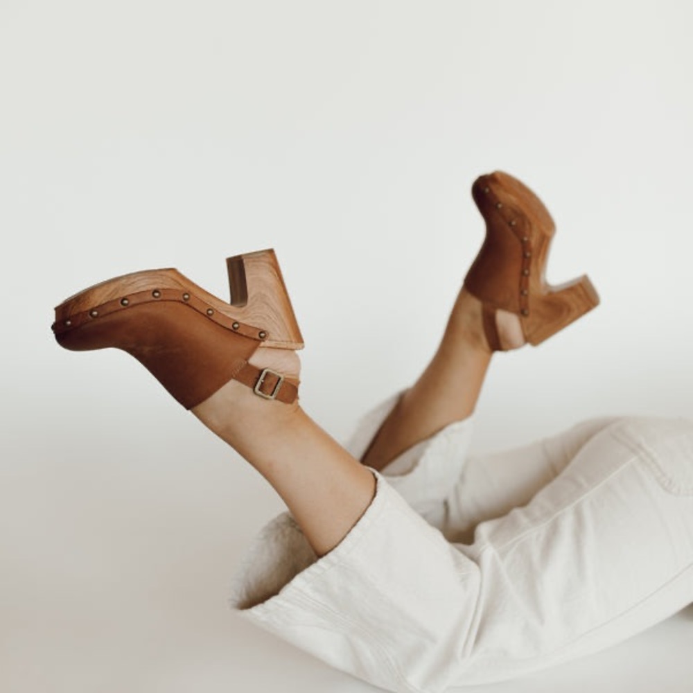 Kork-Ease Brown Leather Clogs with Wood Heel